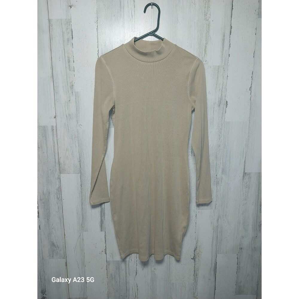 Old Navy Women's Medium Beige Ribbed Mock Neck Long Sleeve Midi Dress